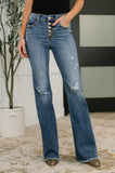 Marion Mid Rise Button Fly Flare with Destroy Fray Hem