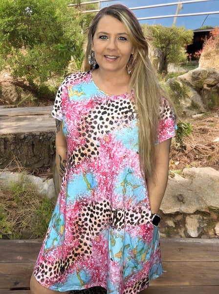 Southern Stitch Turquoise, Pink, Leopard Mix Dress